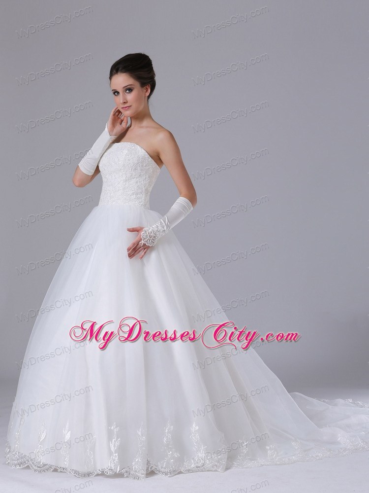 Strapless Lace Chapel Train Puffy Bridal Gown with Lace-up Back