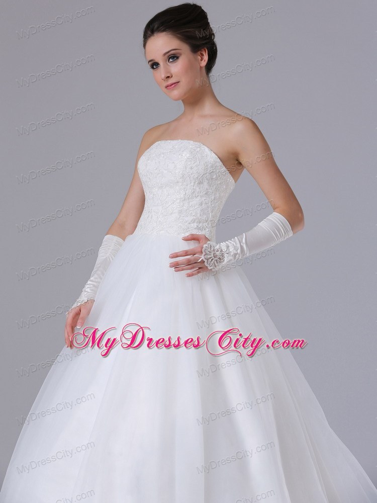 Strapless Lace Chapel Train Puffy Bridal Gown with Lace-up Back