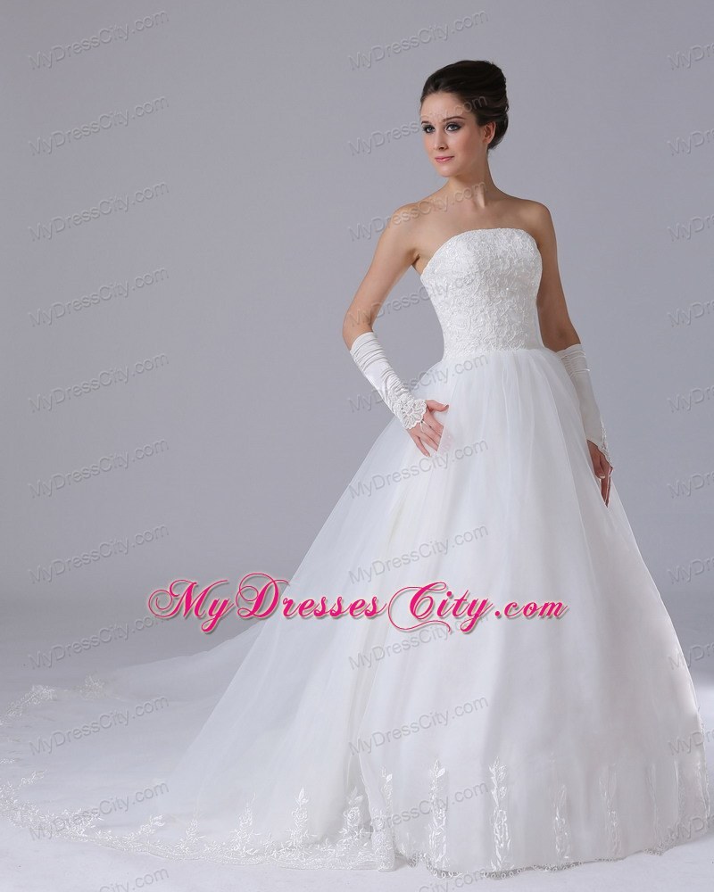 Strapless Lace Chapel Train Puffy Bridal Gown with Lace-up Back