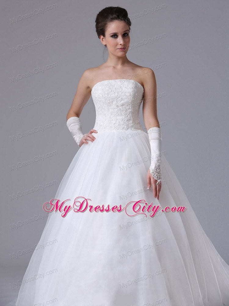 Strapless Lace Chapel Train Puffy Bridal Gown with Lace-up Back