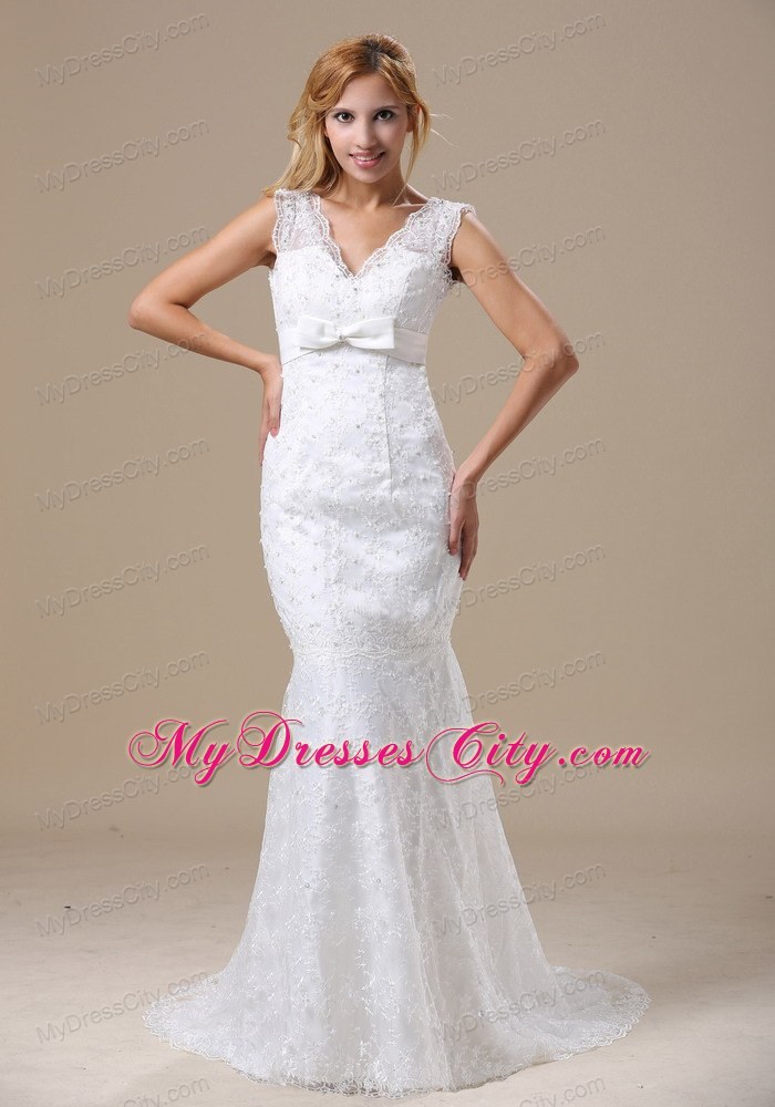 Sash V-neck Beading Lace Bridal Gowns With Mermaid Brush Train