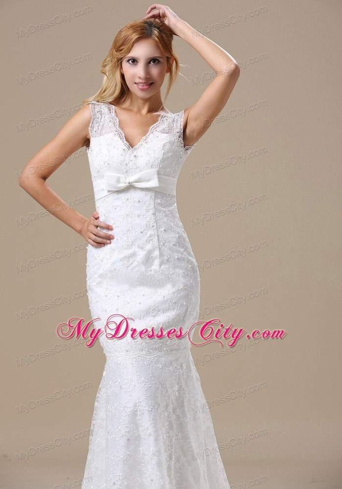 Sash V-neck Beading Lace Bridal Gowns With Mermaid Brush Train