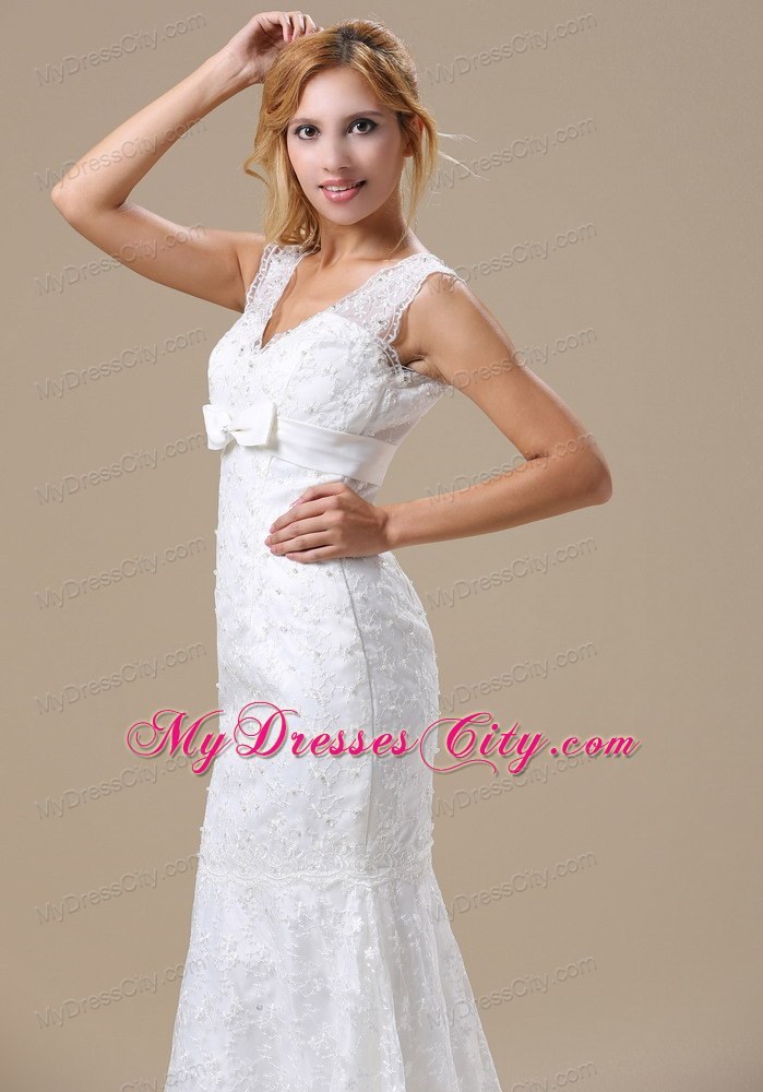 Sash V-neck Beading Lace Bridal Gowns With Mermaid Brush Train