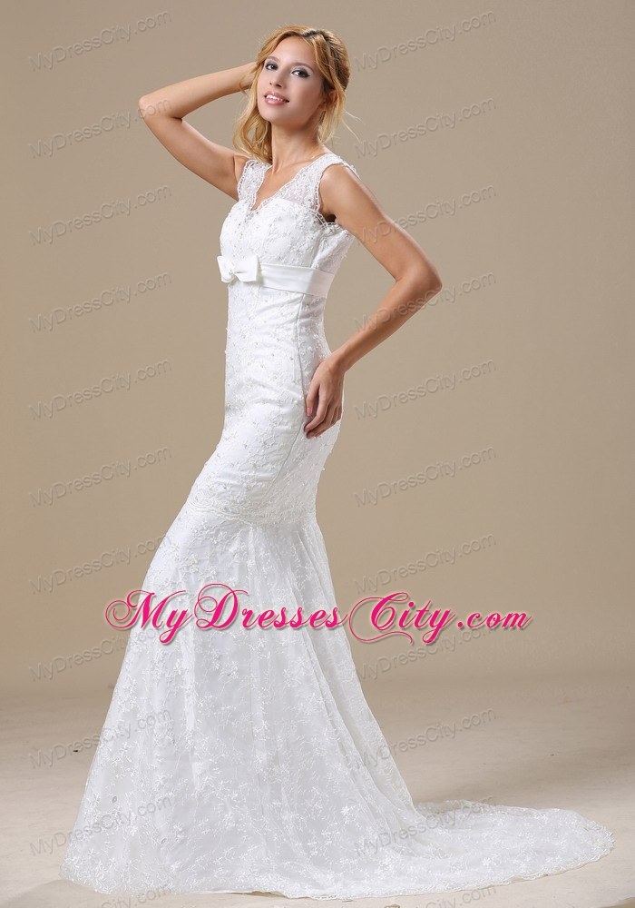 Sash V-neck Beading Lace Bridal Gowns With Mermaid Brush Train