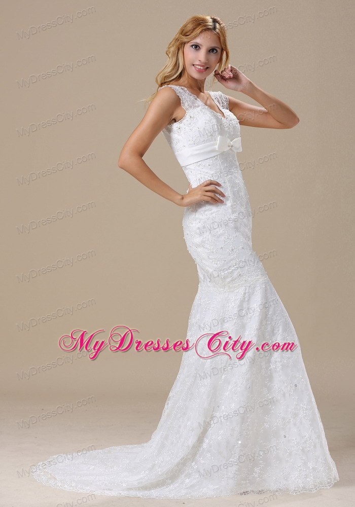 Sash V-neck Beading Lace Bridal Gowns With Mermaid Brush Train