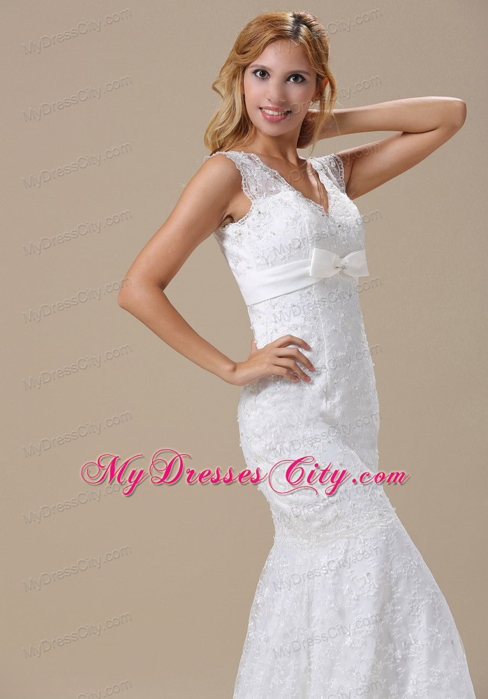 Sash V-neck Beading Lace Bridal Gowns With Mermaid Brush Train