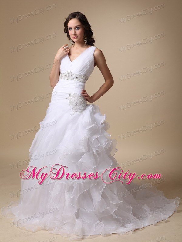 V-neck Ruffles Court Train Wedding Dress with Beading Sash