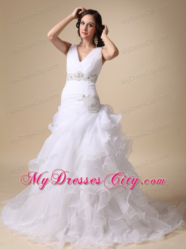 V-neck Ruffles Court Train Wedding Dress with Beading Sash