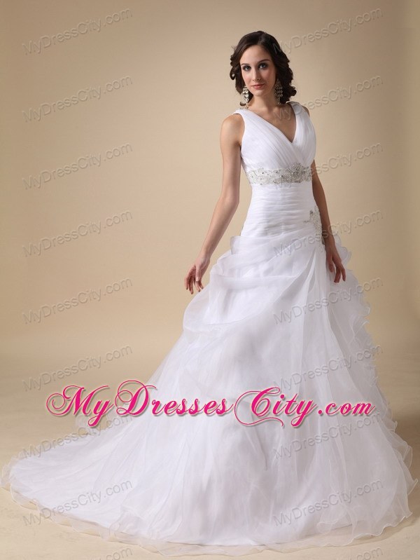 V-neck Ruffles Court Train Wedding Dress with Beading Sash