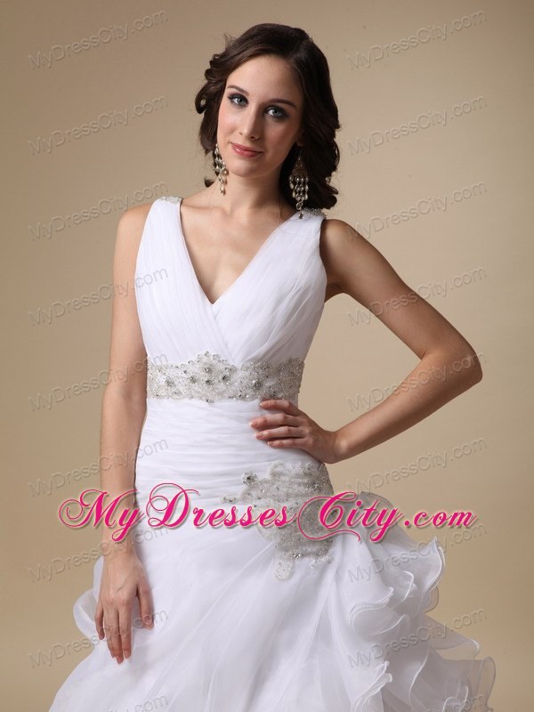 V-neck Ruffles Court Train Wedding Dress with Beading Sash