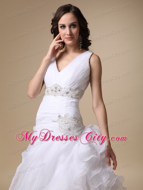 V-neck Ruffles Court Train Wedding Dress with Beading Sash