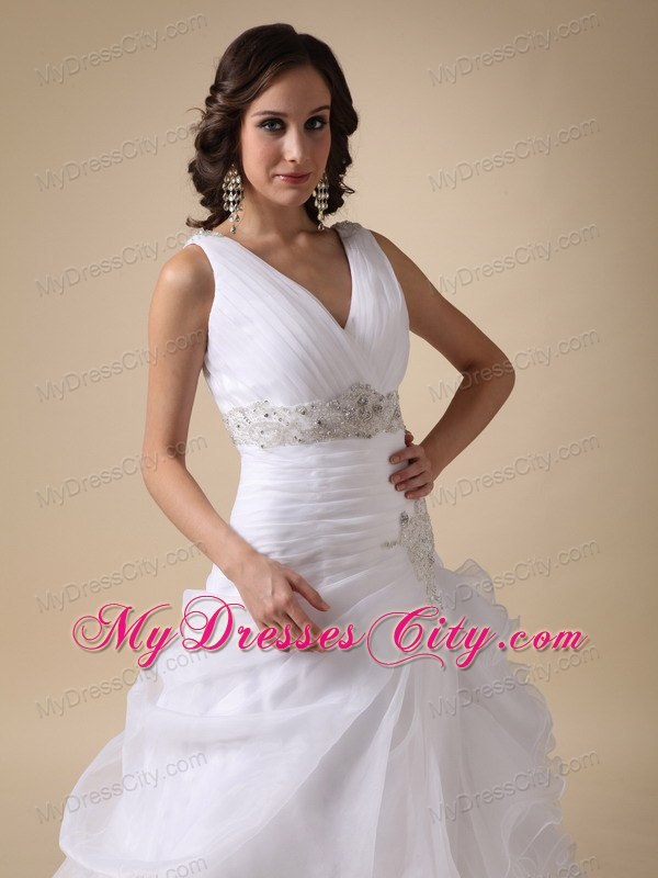 V-neck Ruffles Court Train Wedding Dress with Beading Sash