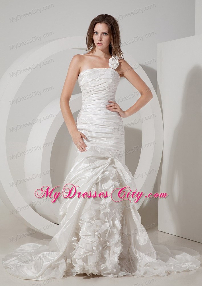 Ruching and Ruffles Hand Made Flowers Court Train Bridal Dress