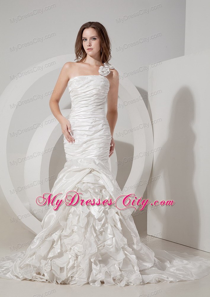 Ruching and Ruffles Hand Made Flowers Court Train Bridal Dress