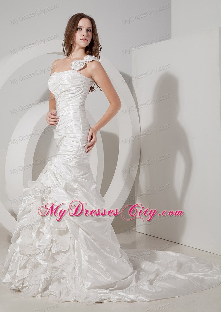 Ruching and Ruffles Hand Made Flowers Court Train Bridal Dress