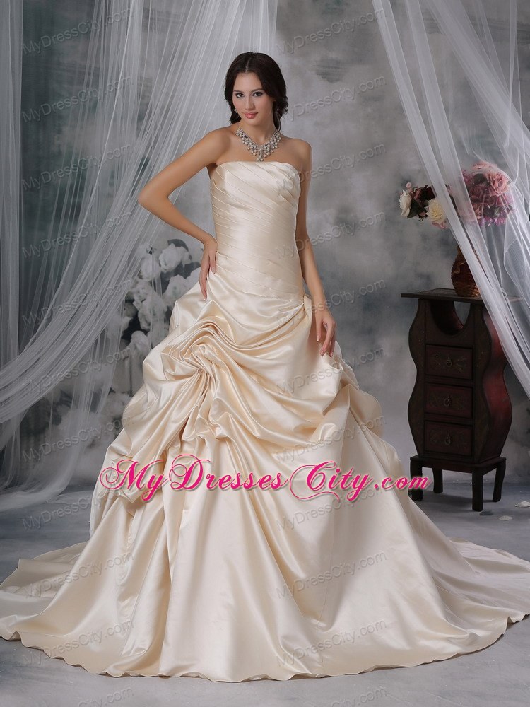 Ruched Pick-ups Court Train Wedding Gown in Champagne