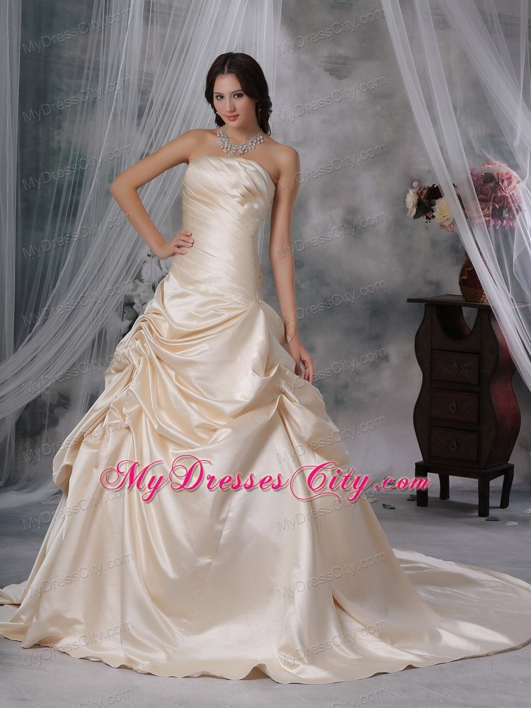 Ruched Pick-ups Court Train Wedding Gown in Champagne