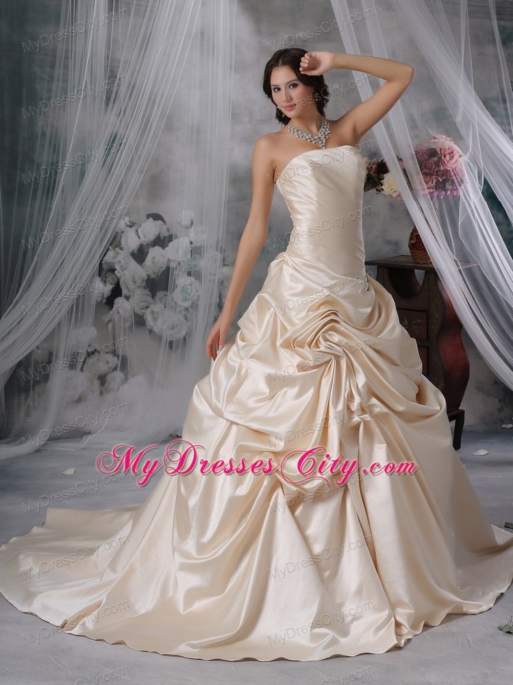 Ruched Pick-ups Court Train Wedding Gown in Champagne