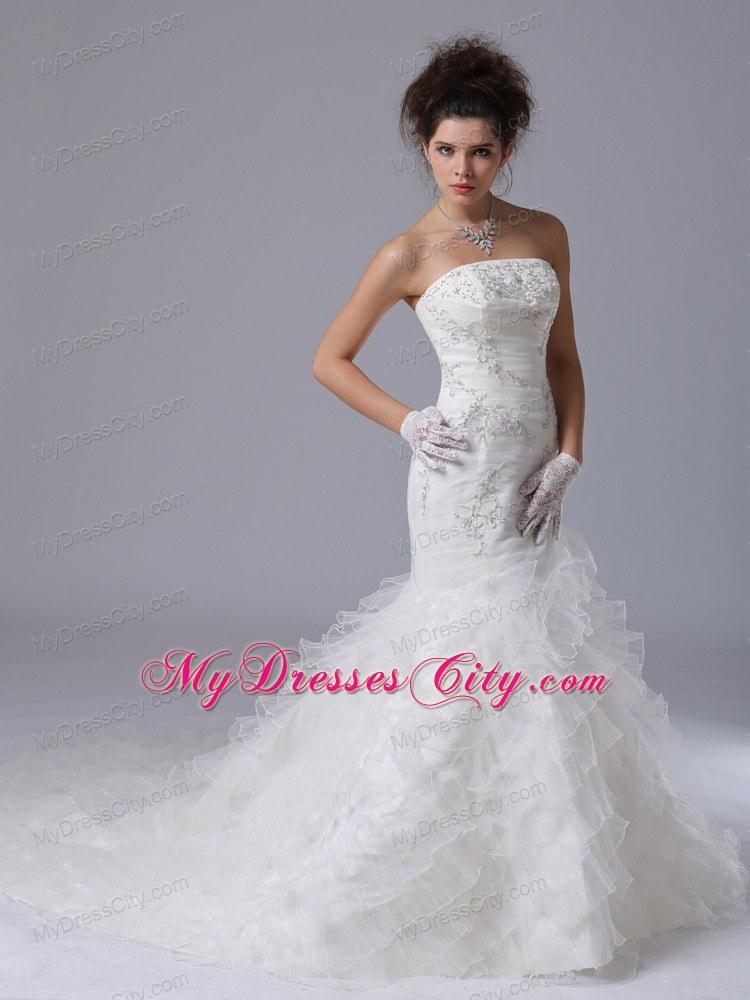 Mermaid Layers Court Train Wedding Dresses with Button Down Back