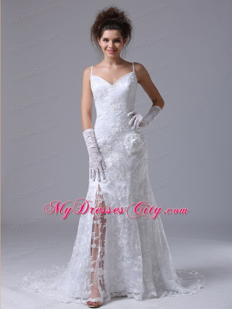 Spaghetti Straps Lace Flowers Garden Wedding Dress with High Slit inside