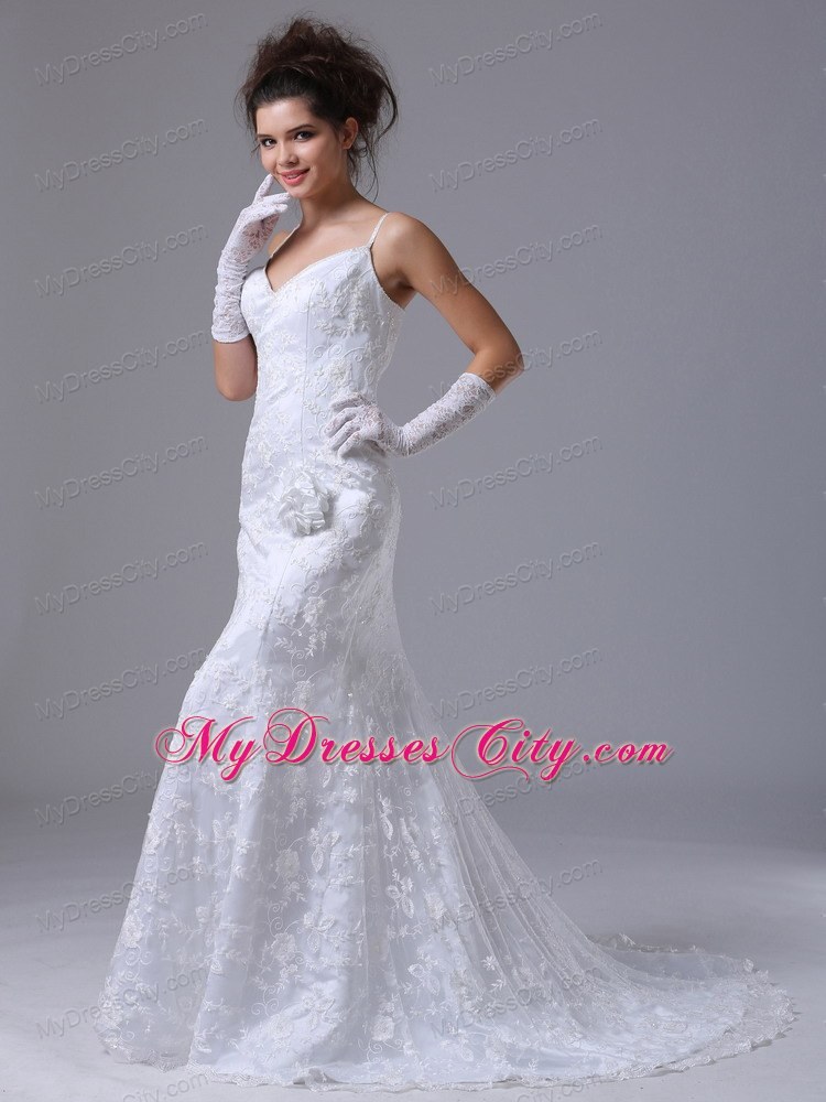 Spaghetti Straps Lace Flowers Garden Wedding Dress with High Slit inside