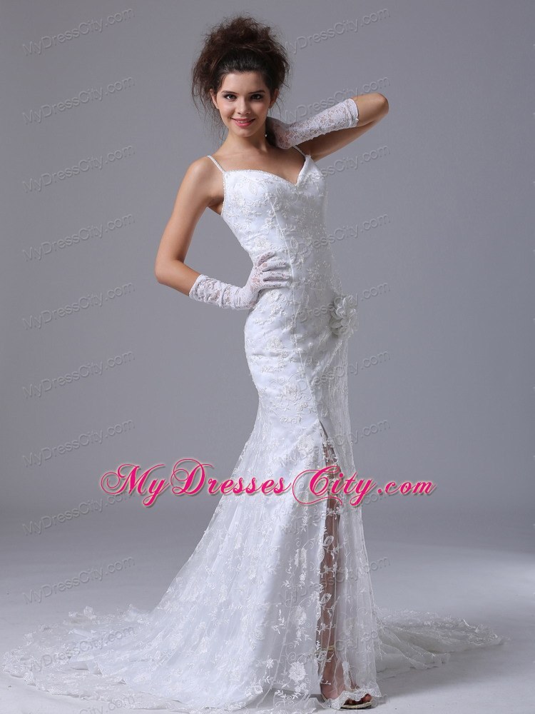 Spaghetti Straps Lace Flowers Garden Wedding Dress with High Slit inside