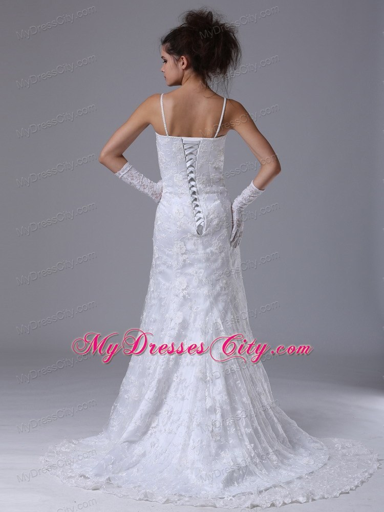 Spaghetti Straps Lace Flowers Garden Wedding Dress with High Slit inside