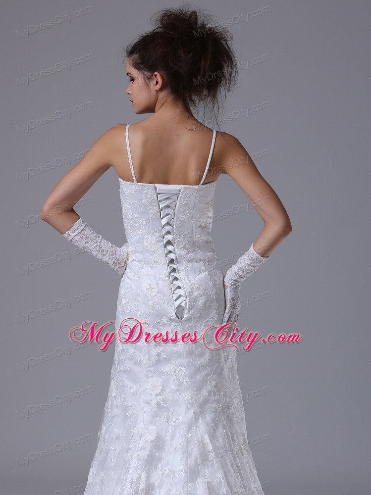 Spaghetti Straps Lace Flowers Garden Wedding Dress with High Slit inside