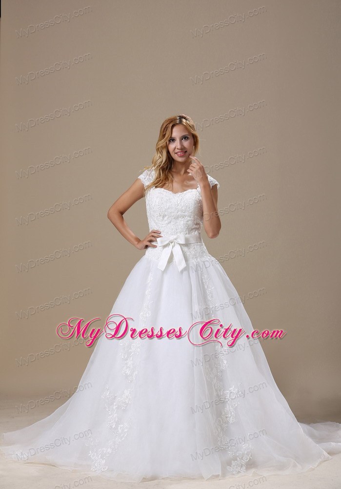 Princess Short Sleeves and Lace Bodice Wedding Dress with Bowknot Belt