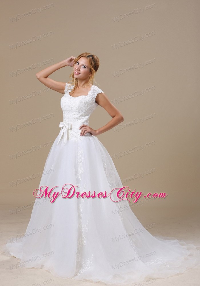 Princess Short Sleeves and Lace Bodice Wedding Dress with Bowknot Belt