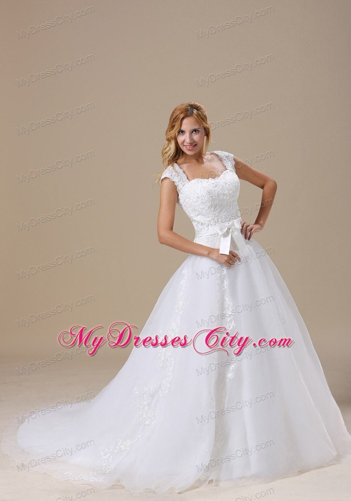 Princess Short Sleeves and Lace Bodice Wedding Dress with Bowknot Belt