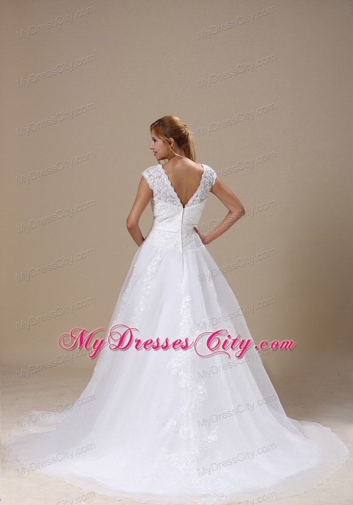 Princess Short Sleeves and Lace Bodice Wedding Dress with Bowknot Belt