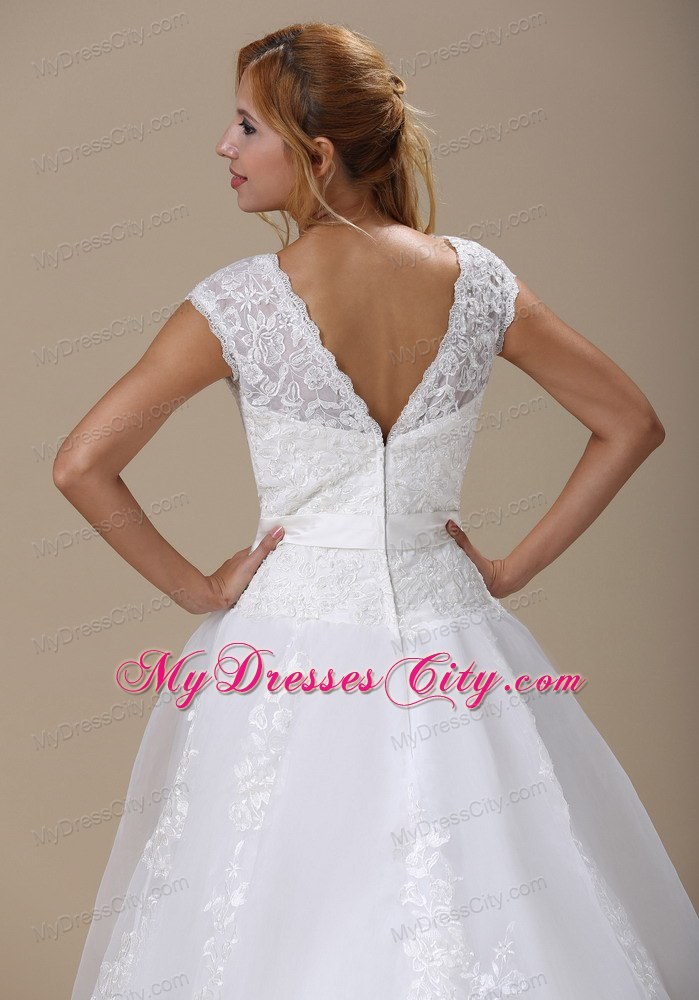 Princess Short Sleeves and Lace Bodice Wedding Dress with Bowknot Belt