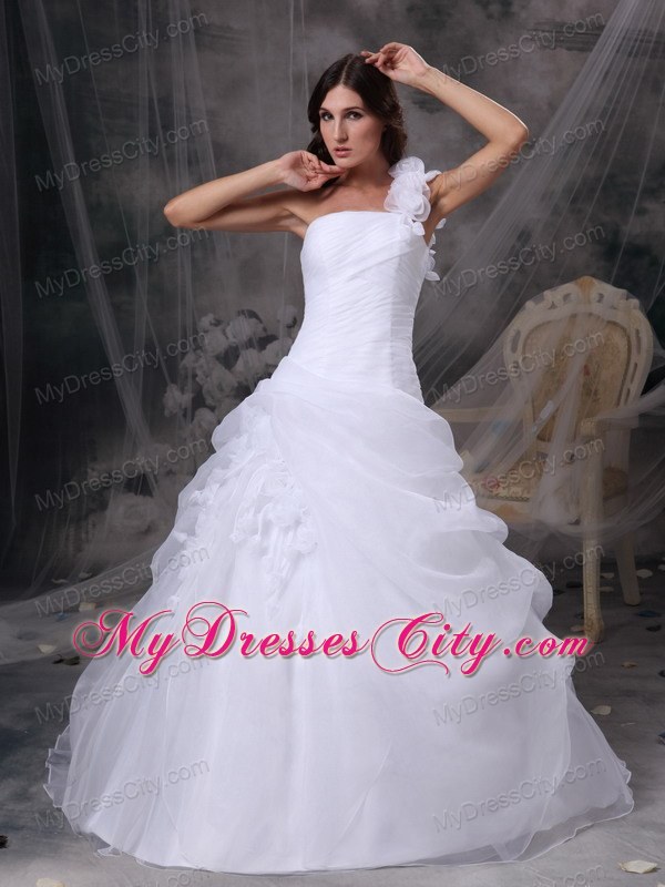 One Shoulder Floor-length Flowers and Ruche Bridal Dress with Pick-ups