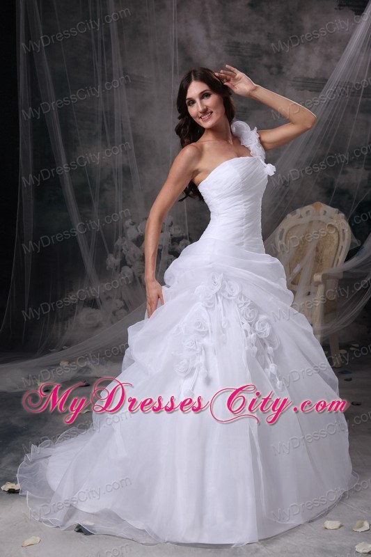 One Shoulder Floor-length Flowers and Ruche Bridal Dress with Pick-ups