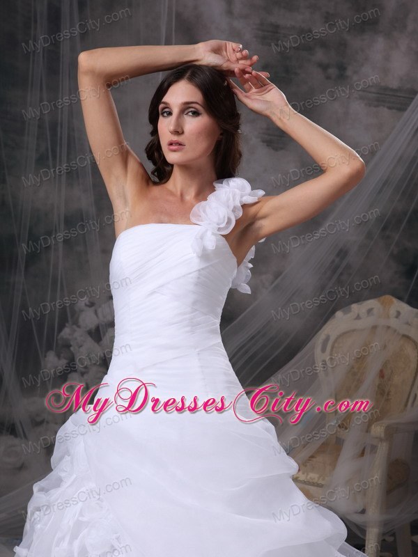 One Shoulder Floor-length Flowers and Ruche Bridal Dress with Pick-ups