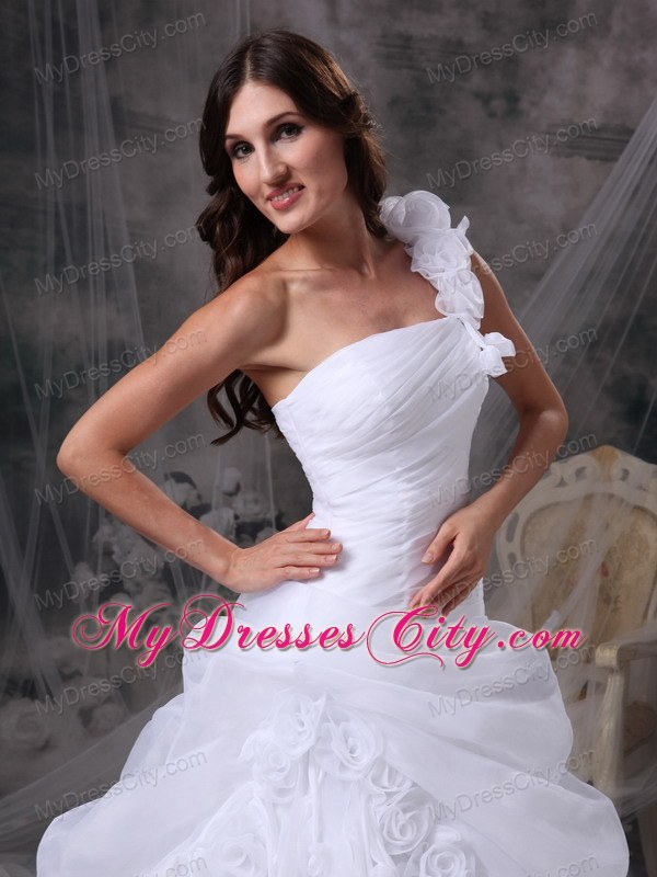 One Shoulder Floor-length Flowers and Ruche Bridal Dress with Pick-ups