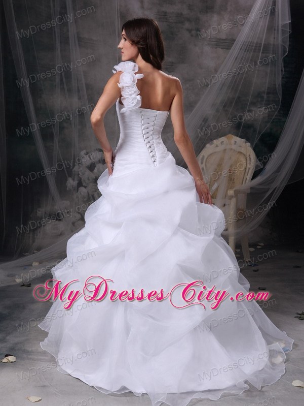 One Shoulder Floor-length Flowers and Ruche Bridal Dress with Pick-ups