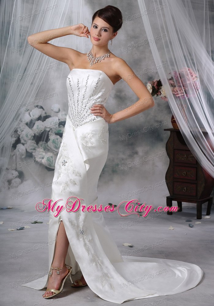 Mermaid Strapless Court Train Satin Beading Wedding Dress with High Slit