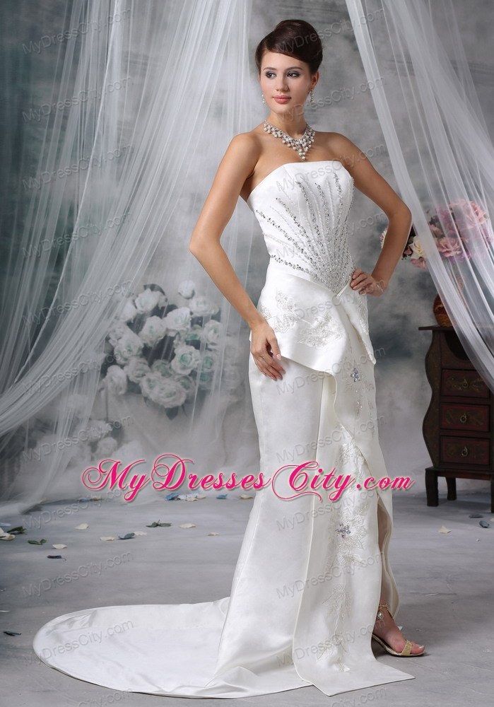 Mermaid Strapless Court Train Satin Beading Wedding Dress with High Slit