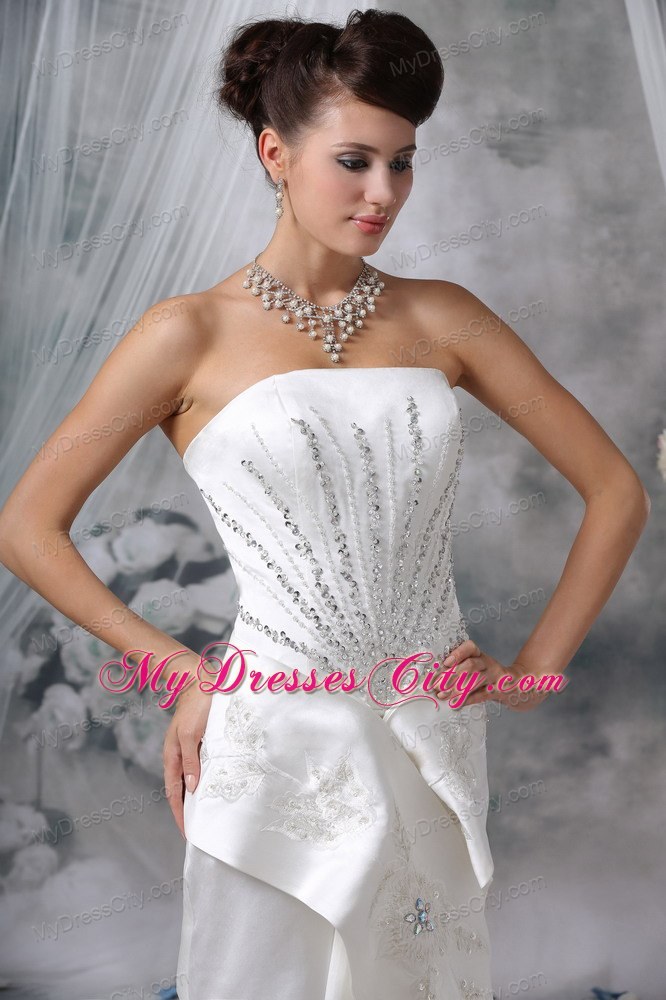 Mermaid Strapless Court Train Satin Beading Wedding Dress with High Slit