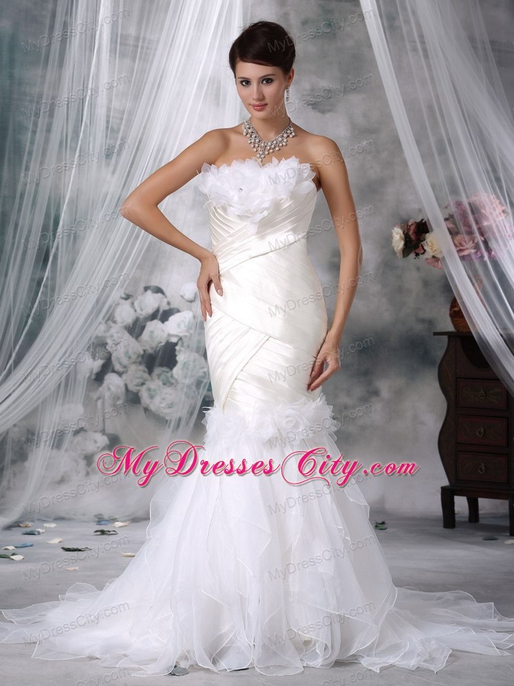 Mermaid Court Train Satin and Organza Flowers Wedding Dress with Ruffles