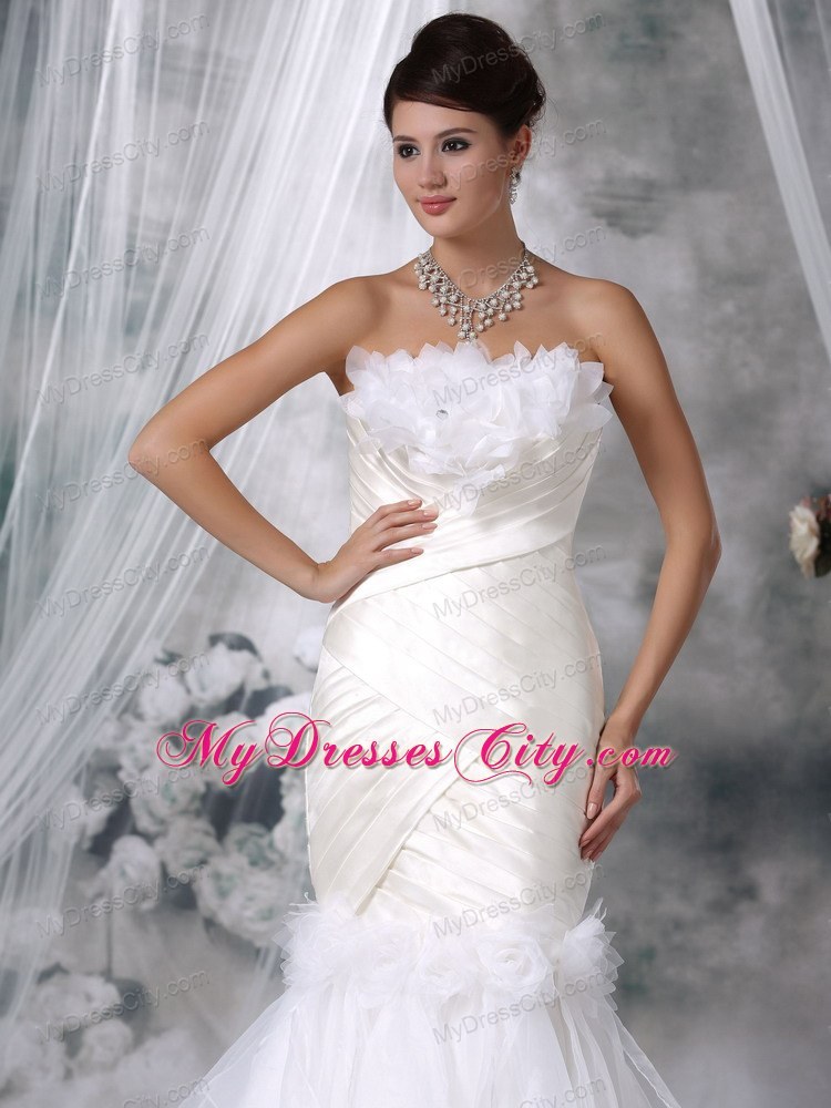 Mermaid Court Train Satin and Organza Flowers Wedding Dress with Ruffles