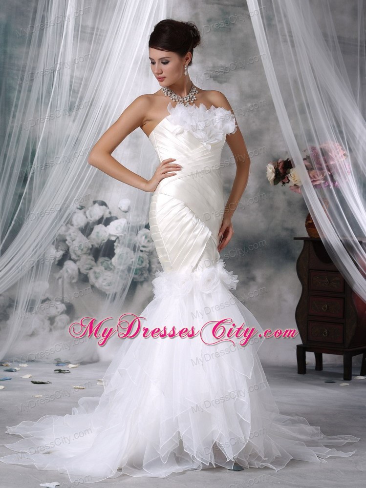 Mermaid Court Train Satin and Organza Flowers Wedding Dress with Ruffles