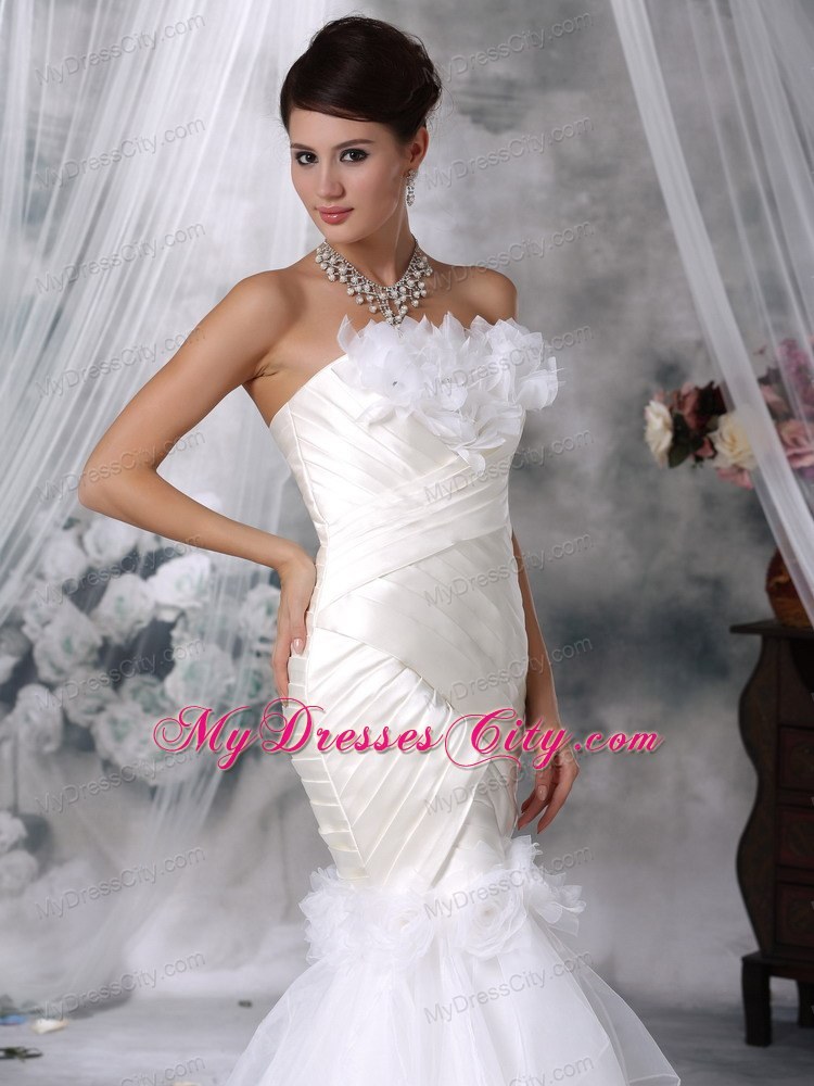 Mermaid Court Train Satin and Organza Flowers Wedding Dress with Ruffles