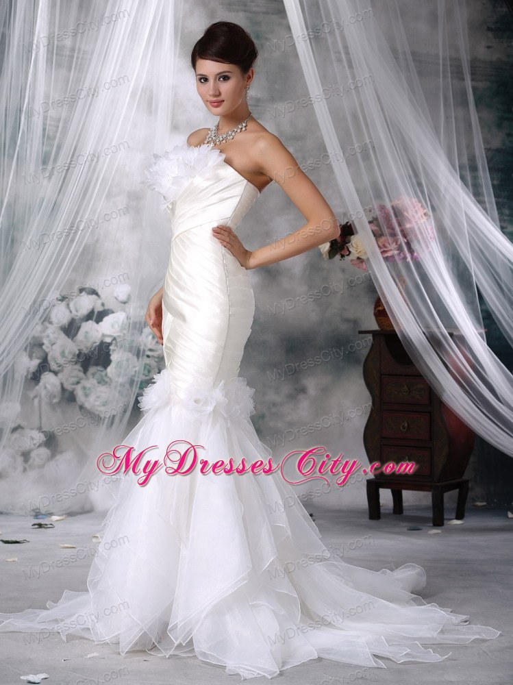 Mermaid Court Train Satin and Organza Flowers Wedding Dress with Ruffles