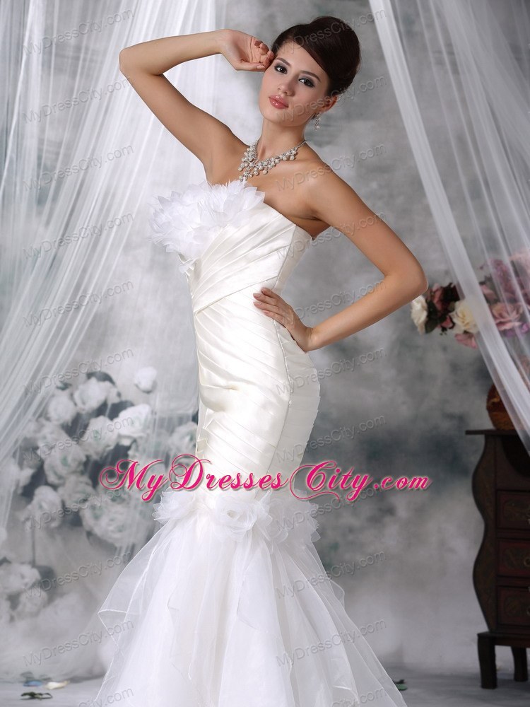 Mermaid Court Train Satin and Organza Flowers Wedding Dress with Ruffles