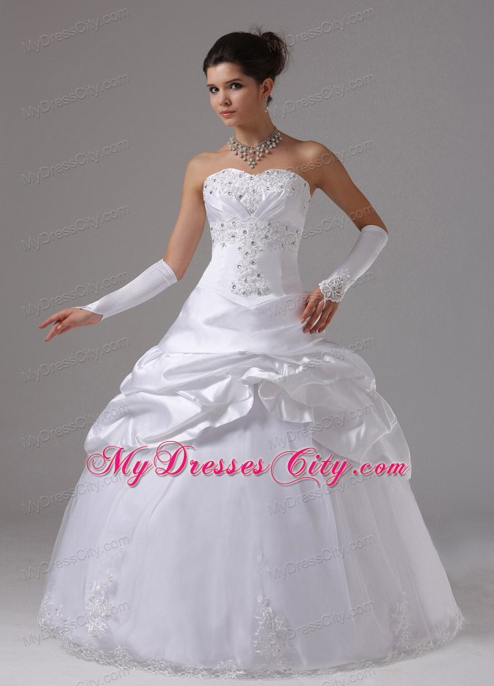 White Ball Gown Rhinestones Wedding Dress with Appliques and Pick-ups