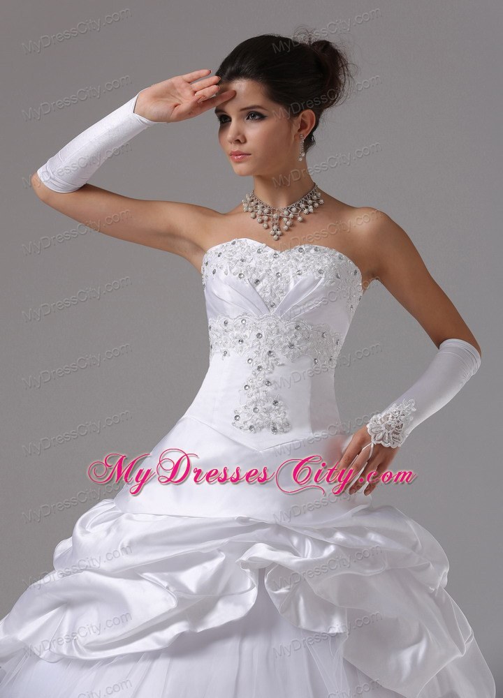 White Ball Gown Rhinestones Wedding Dress with Appliques and Pick-ups