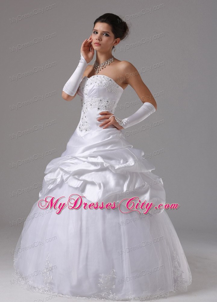 White Ball Gown Rhinestones Wedding Dress with Appliques and Pick-ups